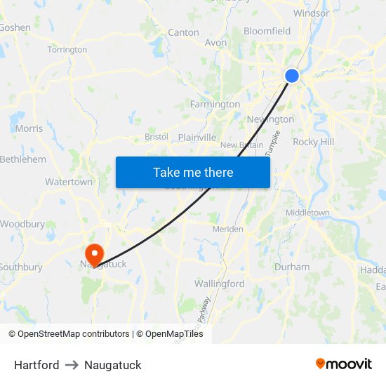 Hartford to Naugatuck map