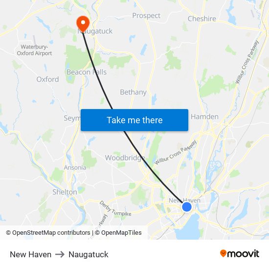 New Haven to Naugatuck map