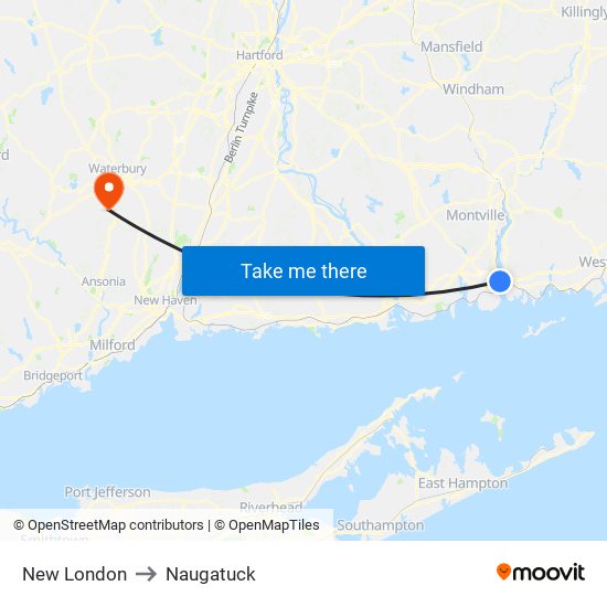 New London to Naugatuck map