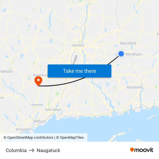 Columbia to Naugatuck map