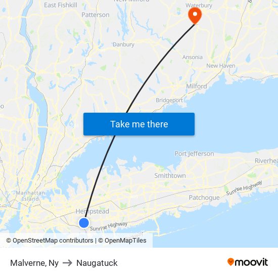 Malverne, Ny to Naugatuck map