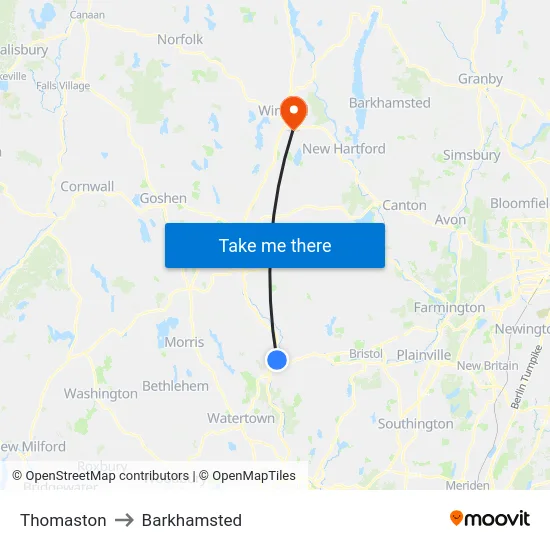 Thomaston to Barkhamsted map