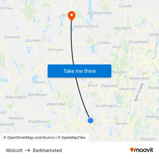 Wolcott to Barkhamsted map
