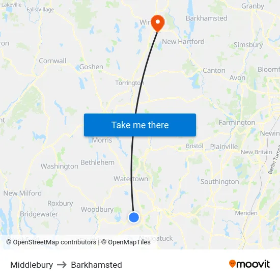 Middlebury to Barkhamsted map
