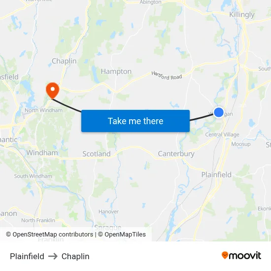 Plainfield to Chaplin map