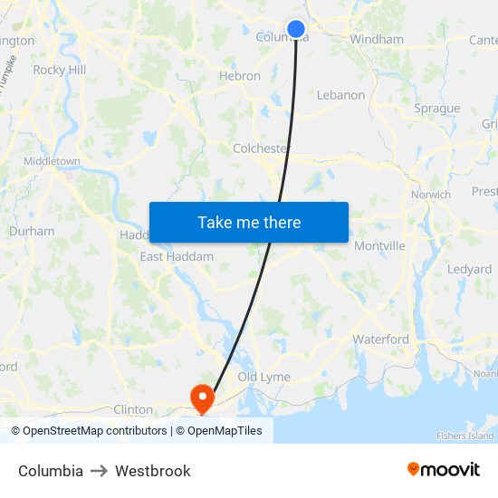 Columbia to Westbrook map