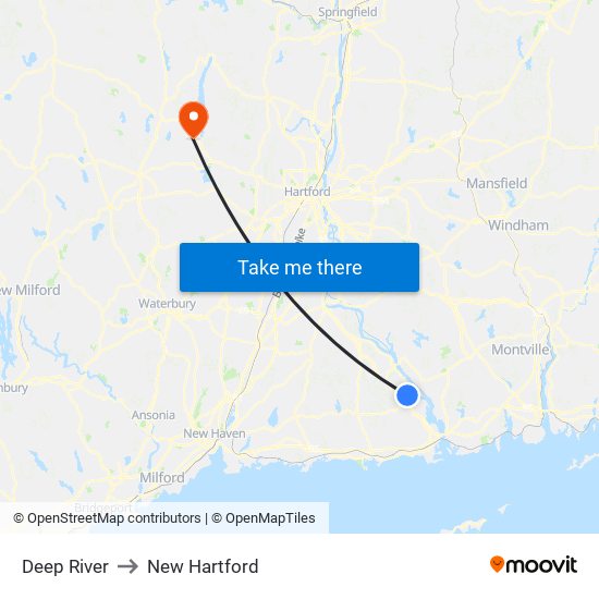 Deep River to New Hartford map