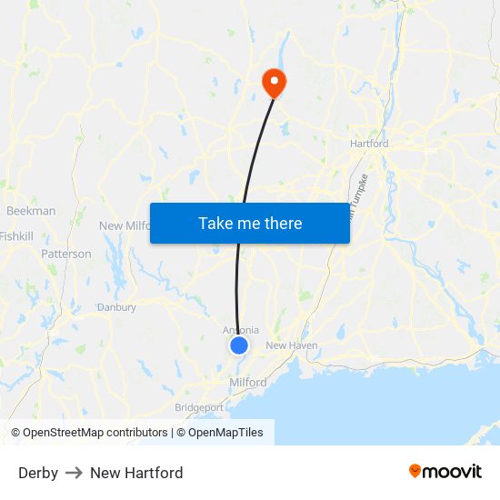 Derby to New Hartford map