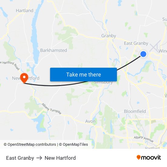 East Granby to New Hartford map