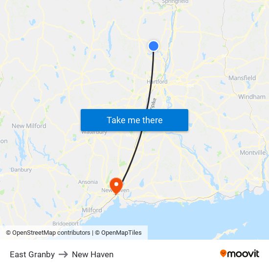 East Granby to New Haven map