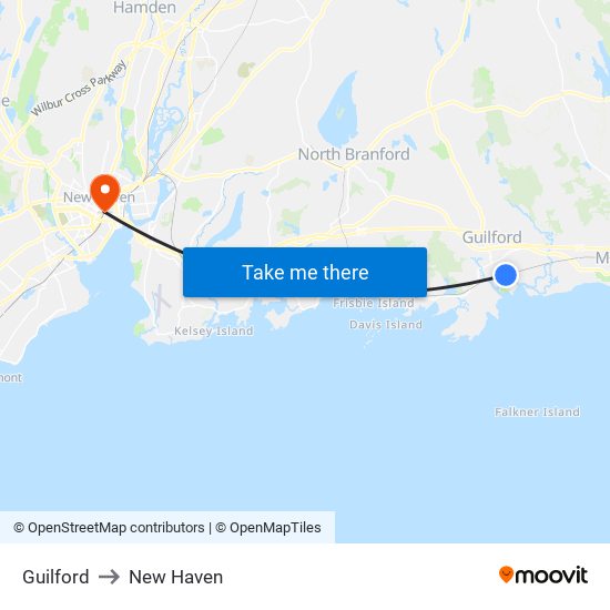 Guilford to New Haven map