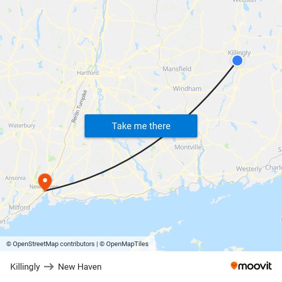 Killingly to New Haven map