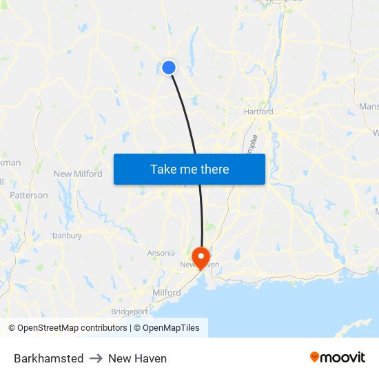 Barkhamsted to New Haven map