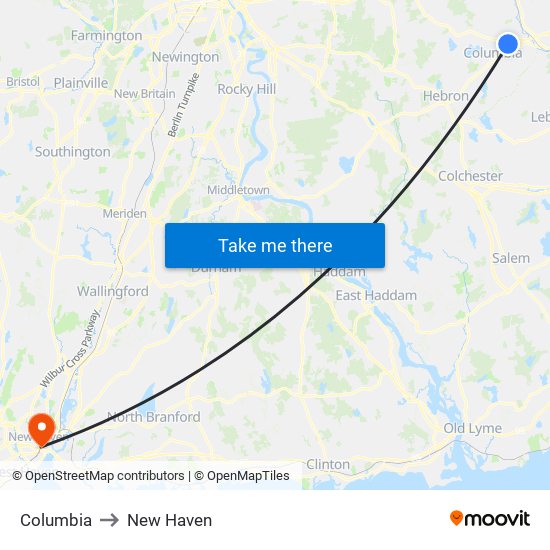 Columbia to New Haven map