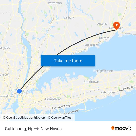 Guttenberg, Nj to New Haven map