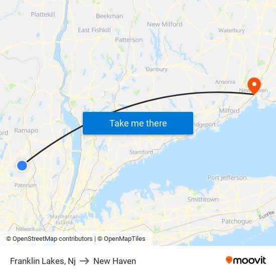 Franklin Lakes, Nj to New Haven map