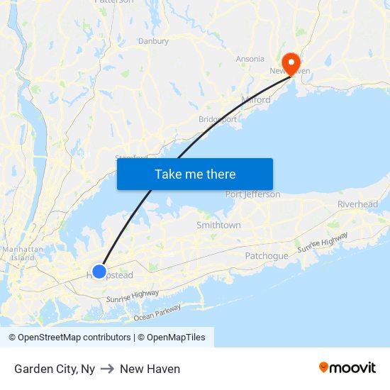 Garden City, Ny to New Haven map