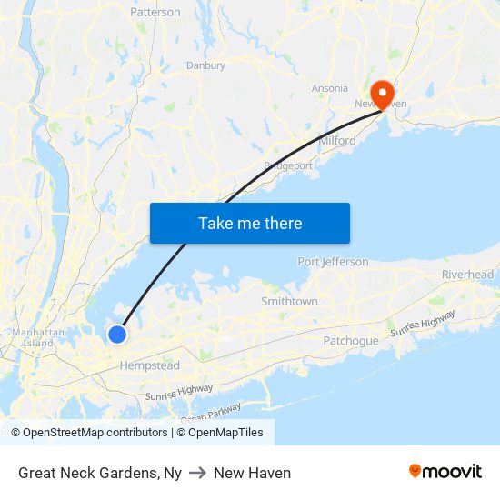 Great Neck Gardens, Ny to New Haven map