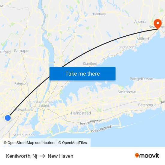 Kenilworth, Nj to New Haven map