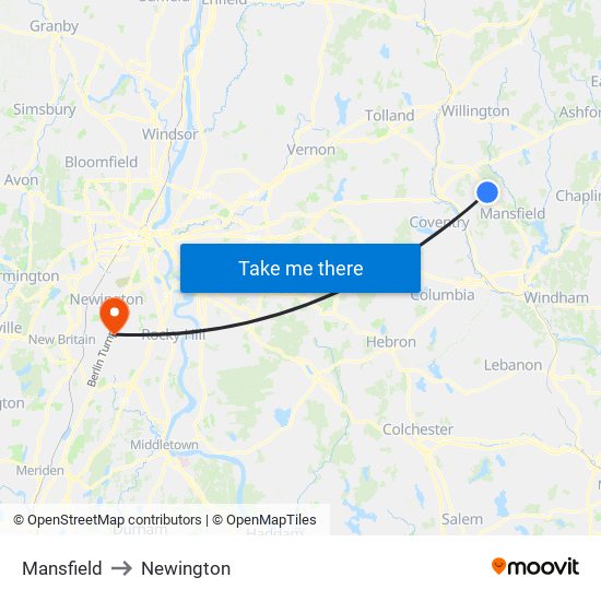 Mansfield to Newington map