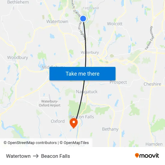 Watertown to Beacon Falls map