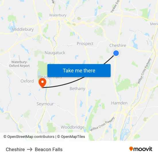 Cheshire to Beacon Falls map
