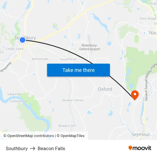 Southbury to Beacon Falls map