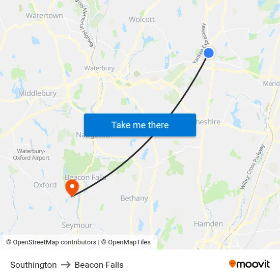 Southington to Beacon Falls map