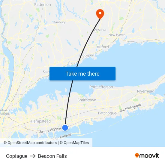 Copiague to Beacon Falls map