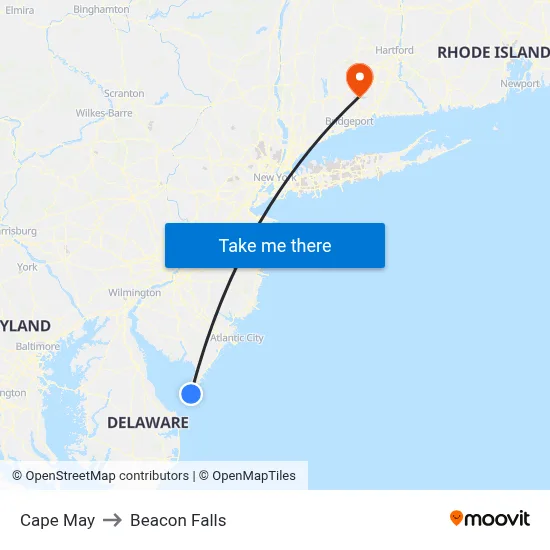 Cape May to Beacon Falls map