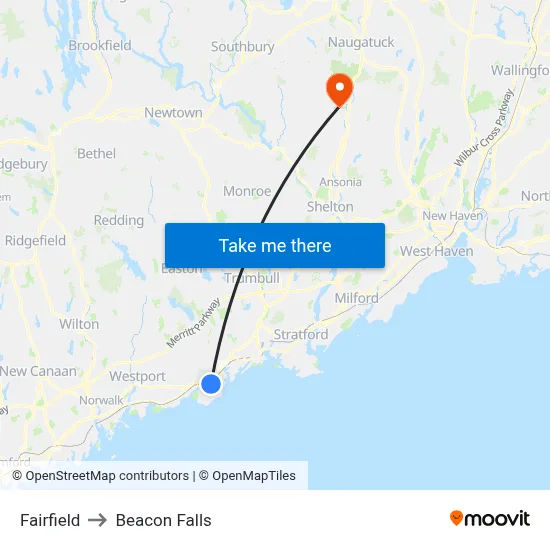 Fairfield to Beacon Falls map