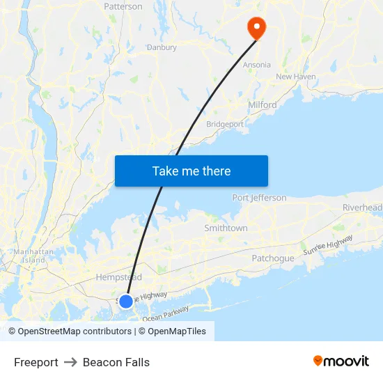 Freeport to Beacon Falls map