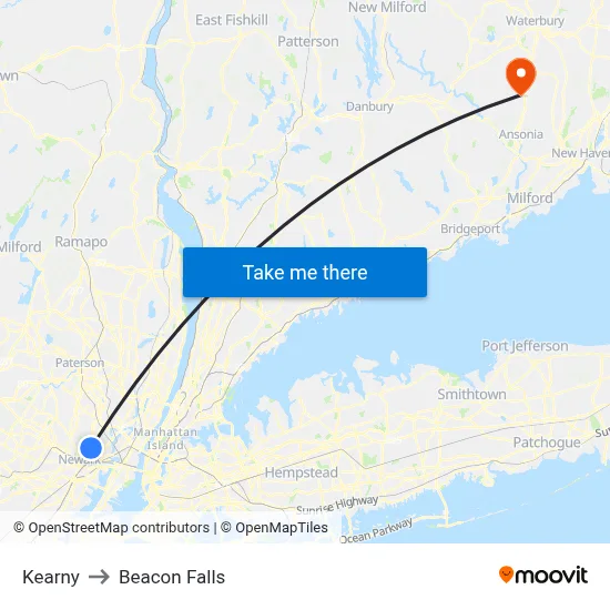 Kearny to Beacon Falls map