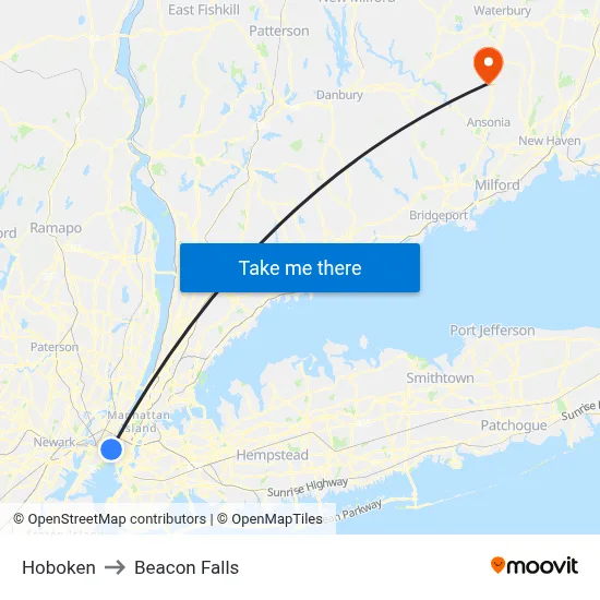 Hoboken to Beacon Falls map