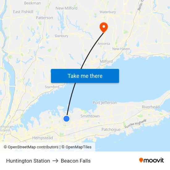 Huntington Station to Beacon Falls map