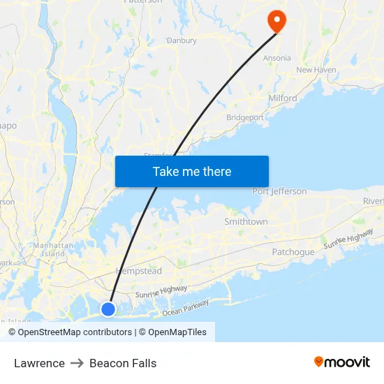 Lawrence to Beacon Falls map