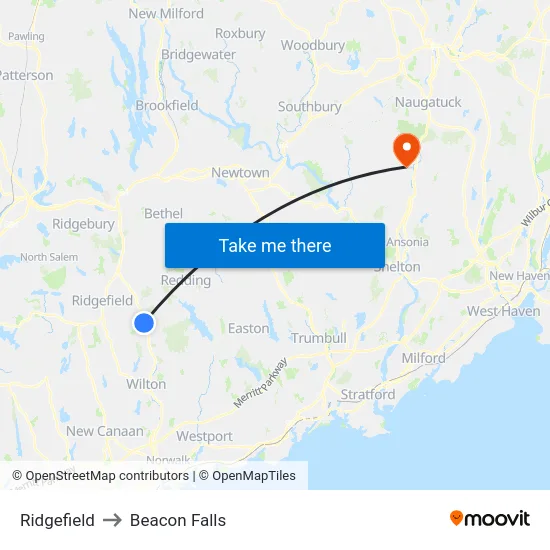 Ridgefield to Beacon Falls map