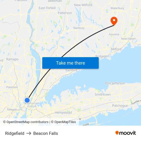 Ridgefield to Beacon Falls map