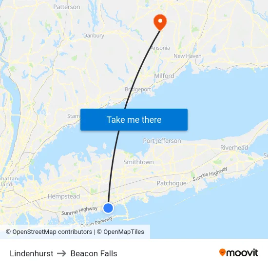 Lindenhurst to Beacon Falls map