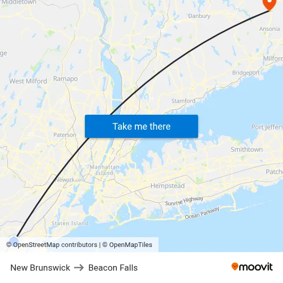 New Brunswick to Beacon Falls map