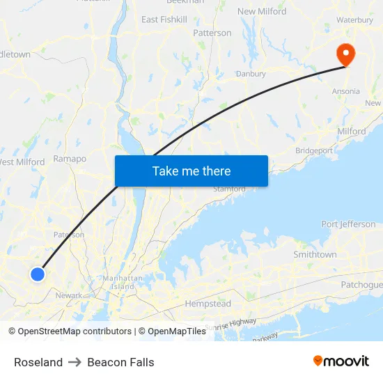 Roseland to Beacon Falls map