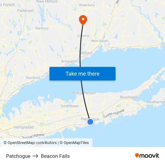 Patchogue to Beacon Falls map