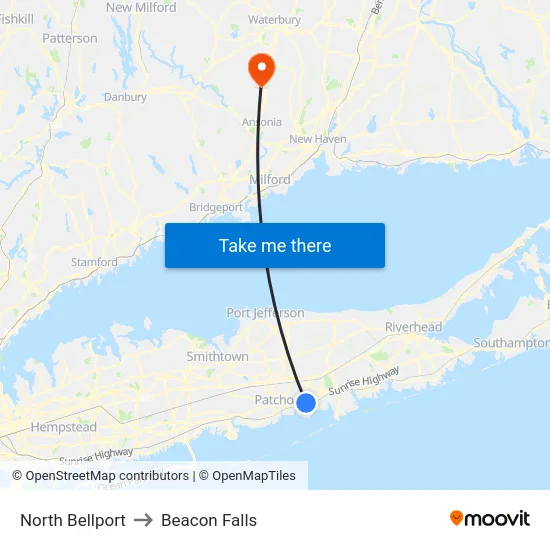 North Bellport to Beacon Falls map