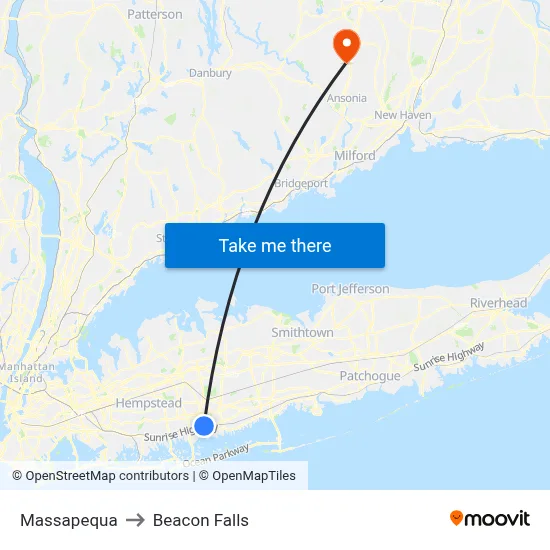 Massapequa to Beacon Falls map