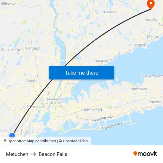 Metuchen to Beacon Falls map