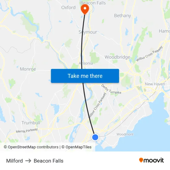 Milford to Beacon Falls map