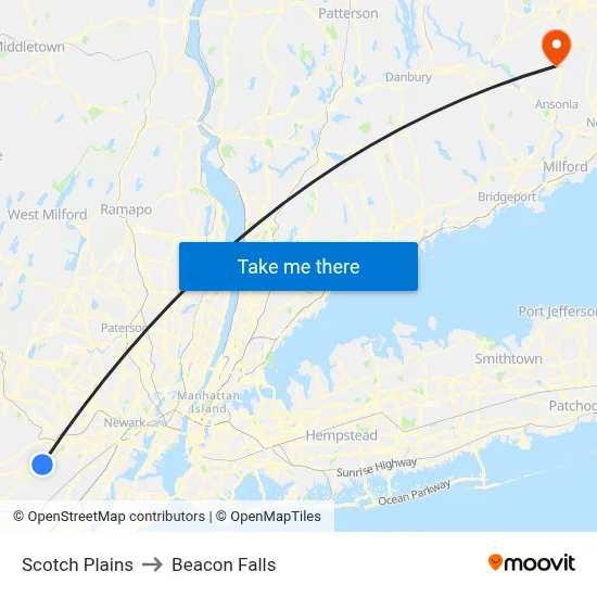 Scotch Plains to Beacon Falls map