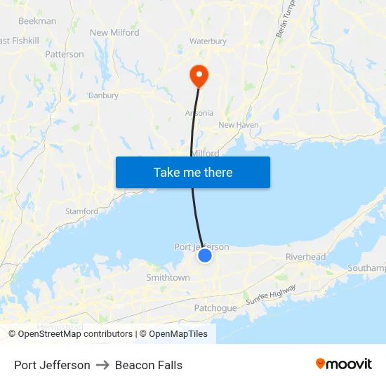 Port Jefferson to Beacon Falls map