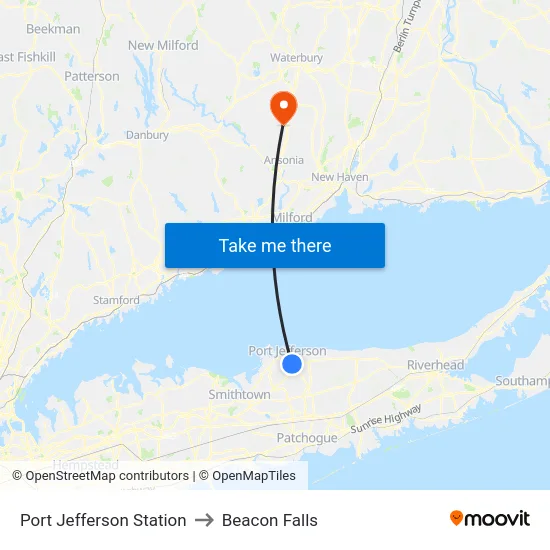Port Jefferson Station to Beacon Falls map