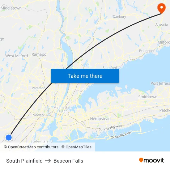 South Plainfield to Beacon Falls map